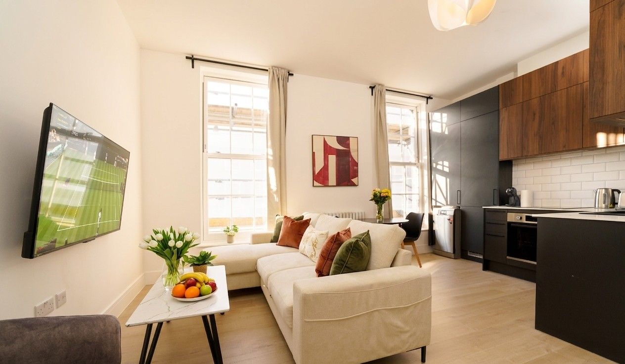 Bright, styled living room in a ZenStays apartment in Camden